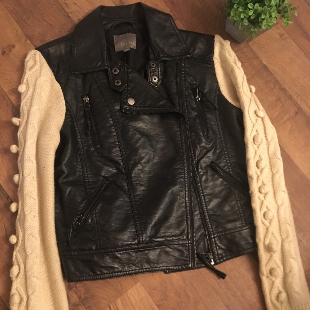 Faux leather and knit sleeve jacket